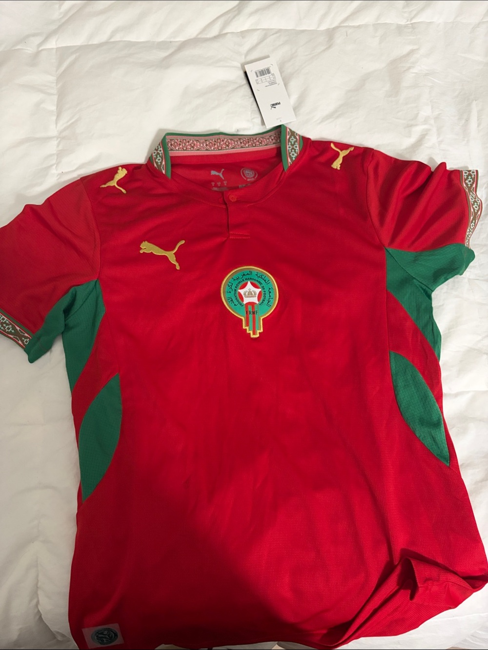 Puma Kids Red and Green Soccer Jersey with Gold Logos
